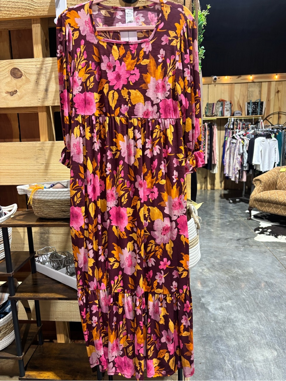 Floral Tiered Midi Dress — Pink & Mustard on Plum